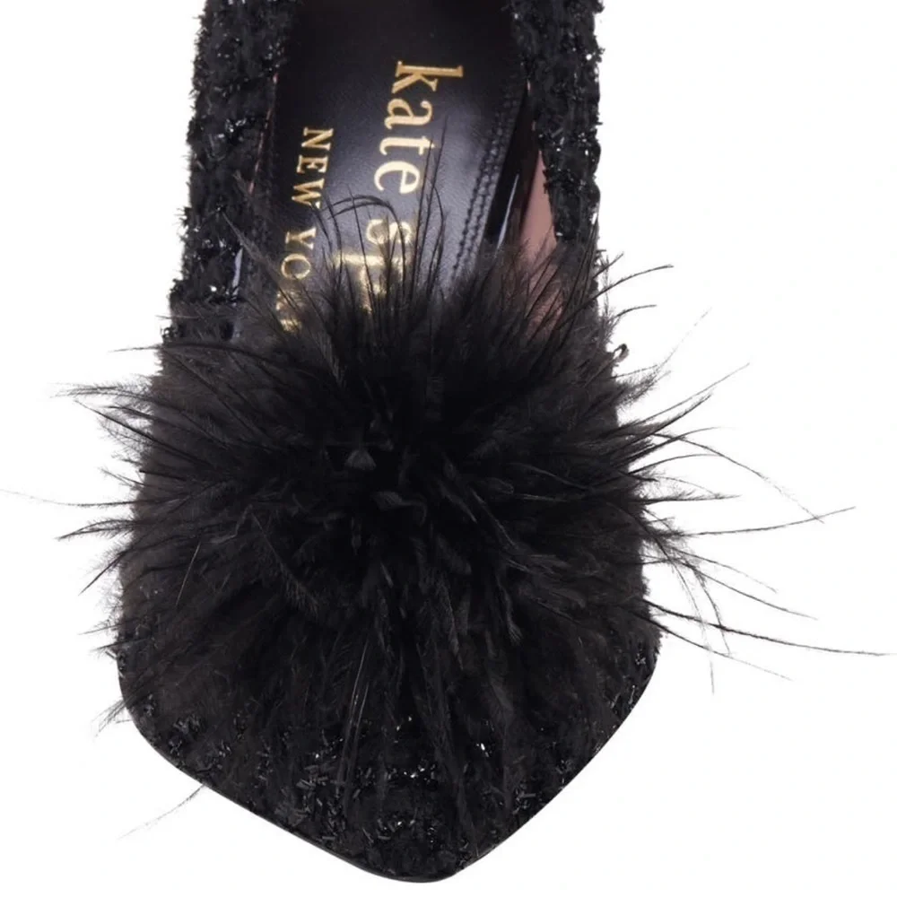 🆕kate spade new york Black Marabou PomPom Glitter Tweed Pointed Toe Stiletto